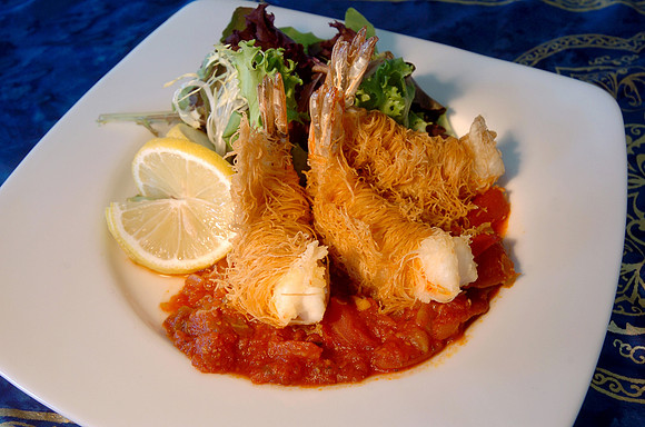 Shrimp fries, large shrimp covered in crispy shredded phyllo from Bay Leaves in North Kingstown.